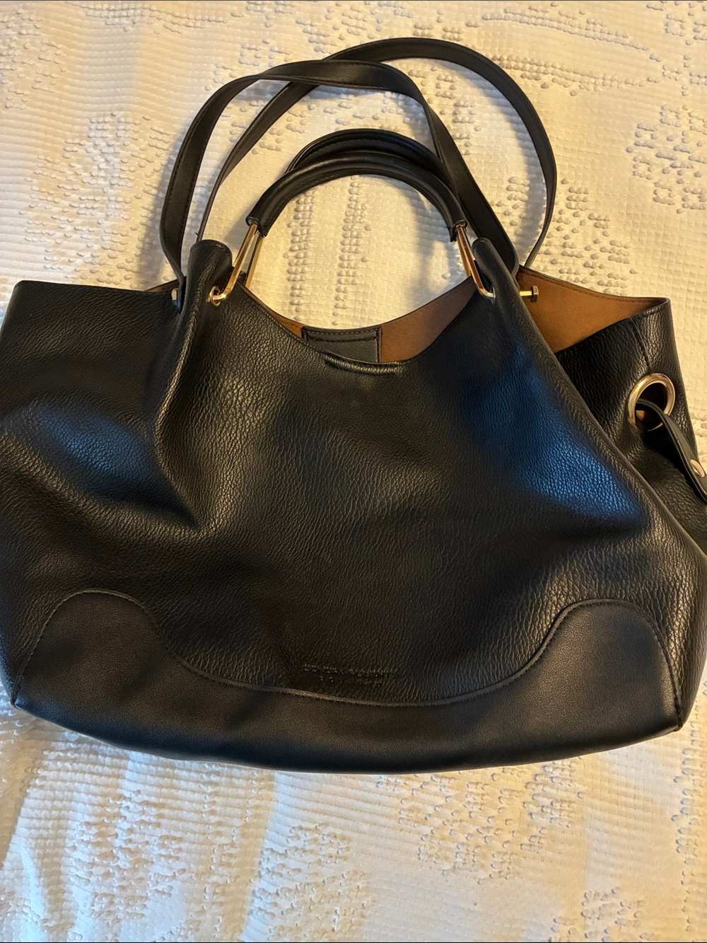 Black Vegan Leather Tote with Gold-Tone Hardware